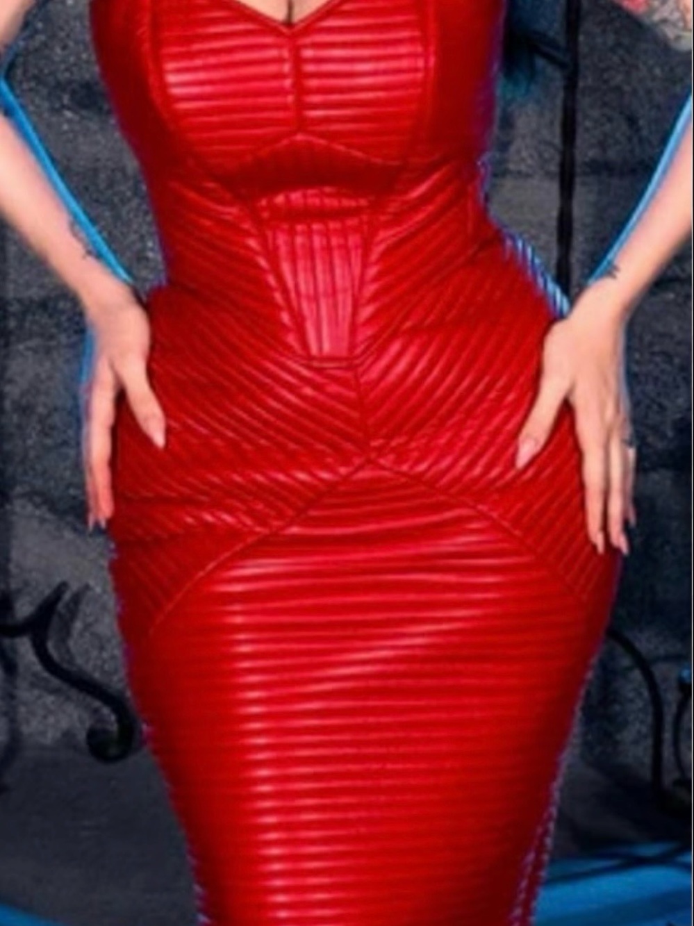 La Femme Red Ribbed Pencil Skirt
